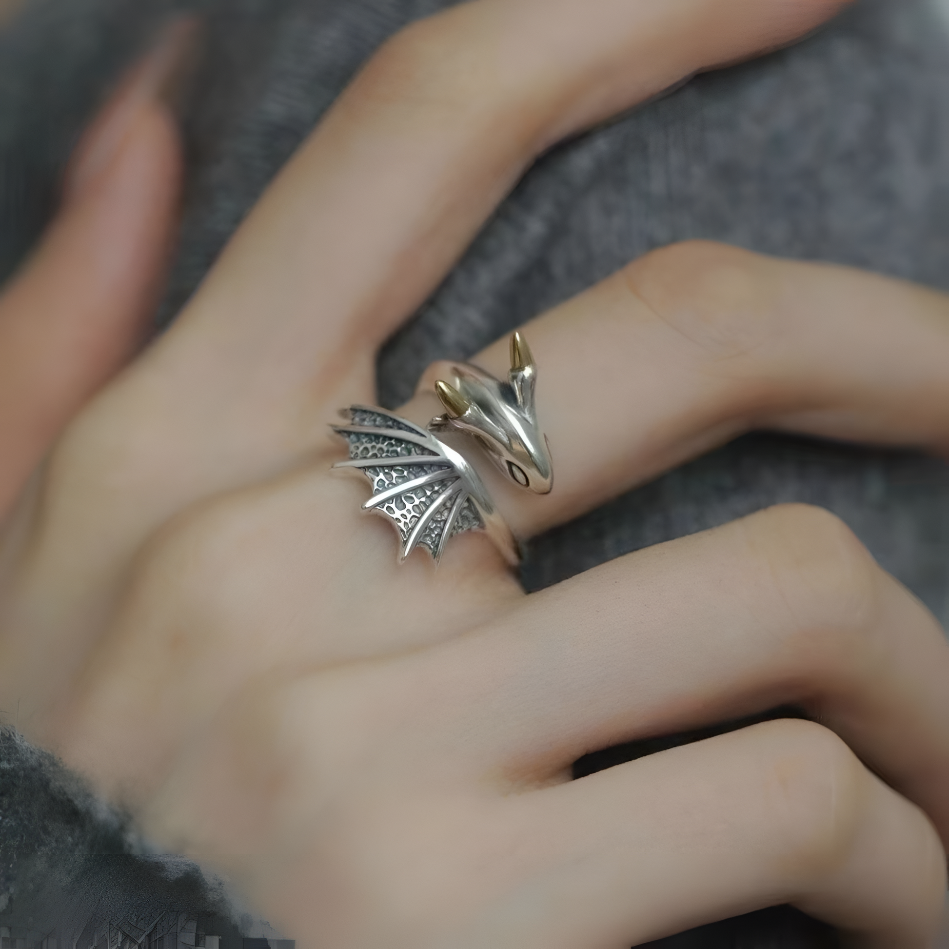 Dragon Silver Ring with Pterosaur Wings,  Adjustable Size, Gothic Fantasy Jewelry for Unisex