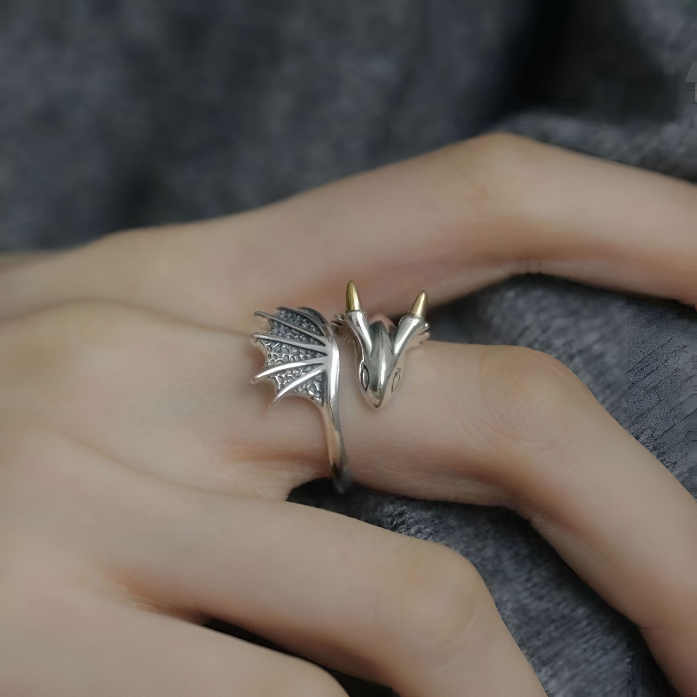 Dragon Silver Ring with Pterosaur Wings,  Adjustable Size, Gothic Fantasy Jewelry for Unisex
