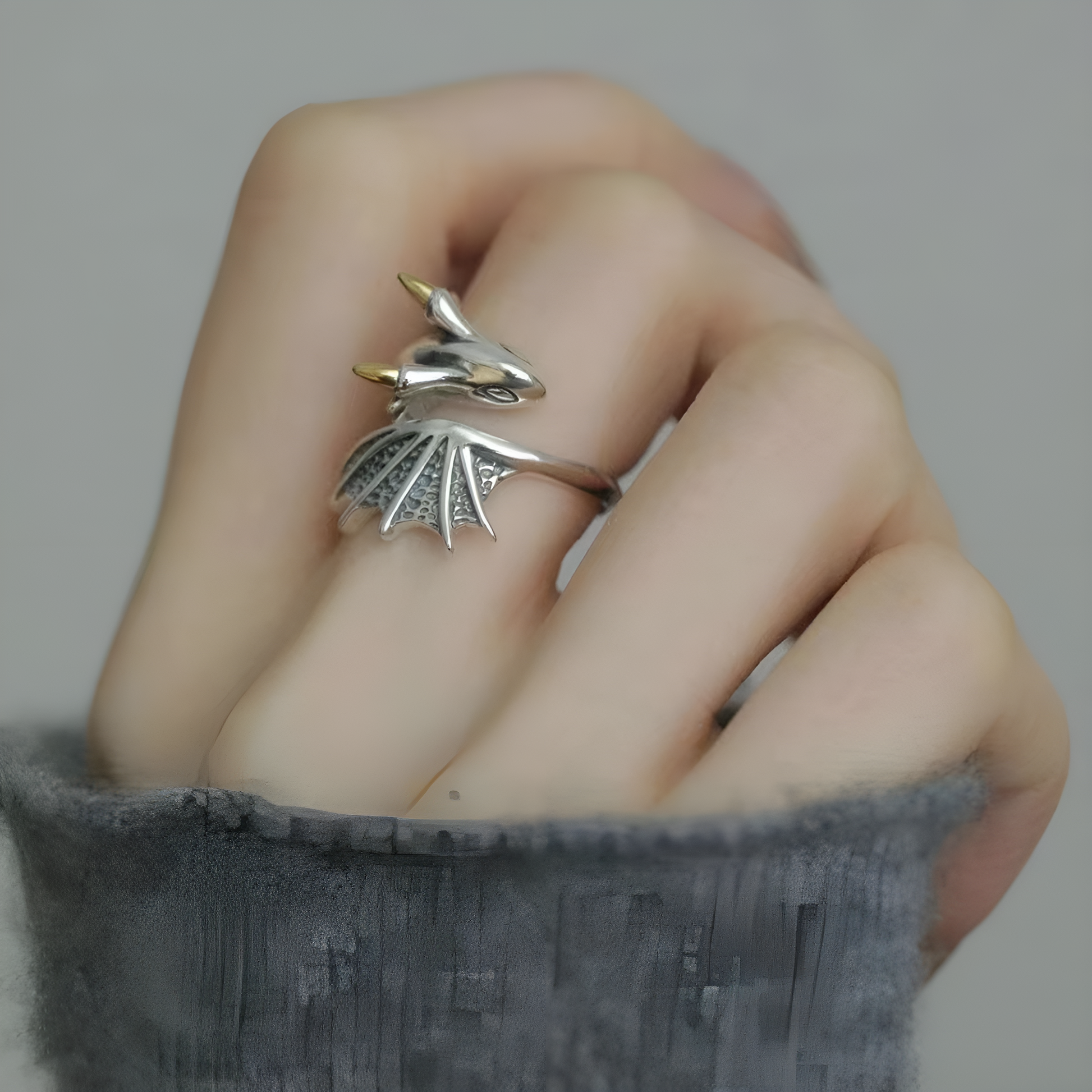 Dragon Silver Ring with Pterosaur Wings,  Adjustable Size, Gothic Fantasy Jewelry for Unisex