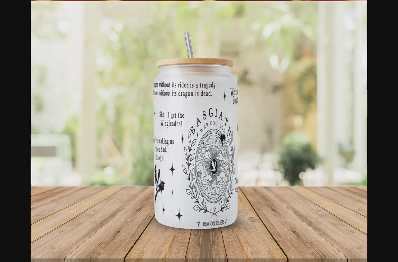 Onyx Storm Inspired Glass Can – Fourth Wing Book Quote Frosted Cup, Bamboo Lid Tumbler GLVLR23