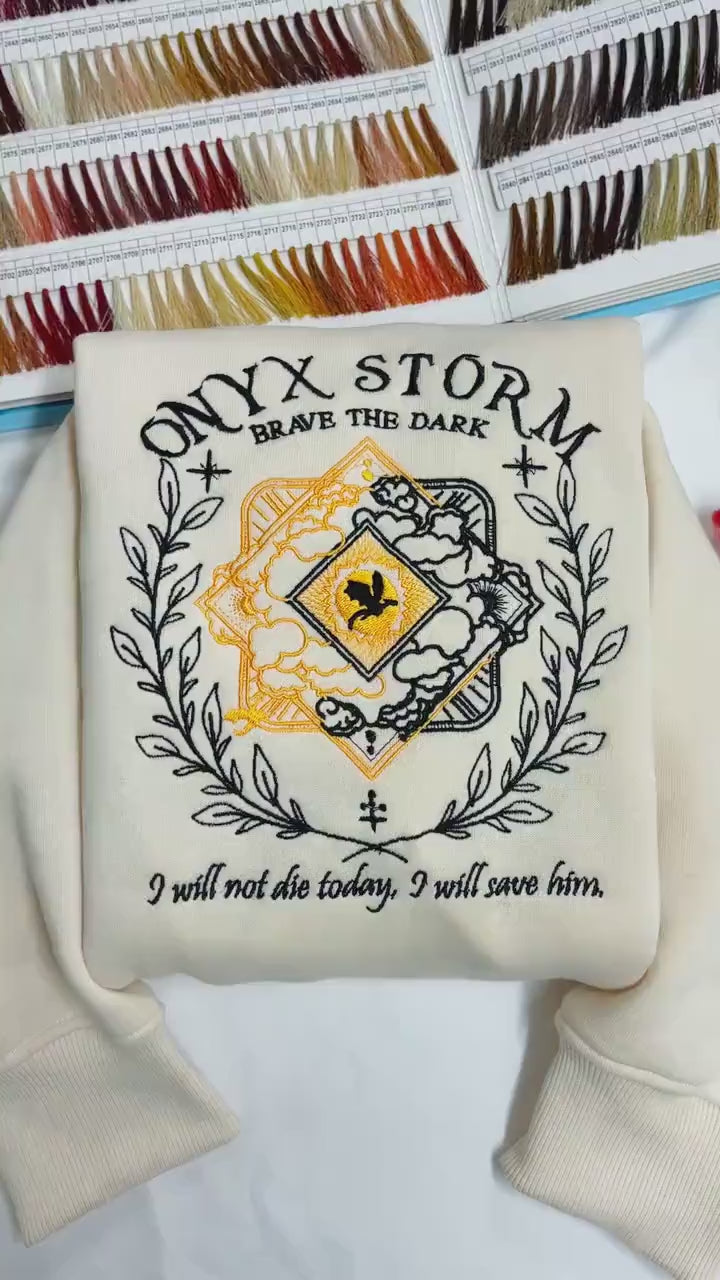 Embroidered Onyx Storm Sweatshirt, Brave The Dark sweatshirt, Dragon Sweatshirt. VEMB23