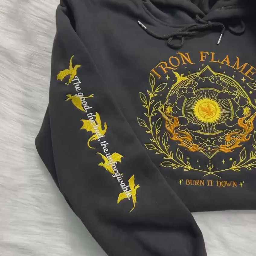 Embroidered Iron Flame Sweatshirt, the Empyrean sweatshirt, Dragon Sweatshirt. VEMB26