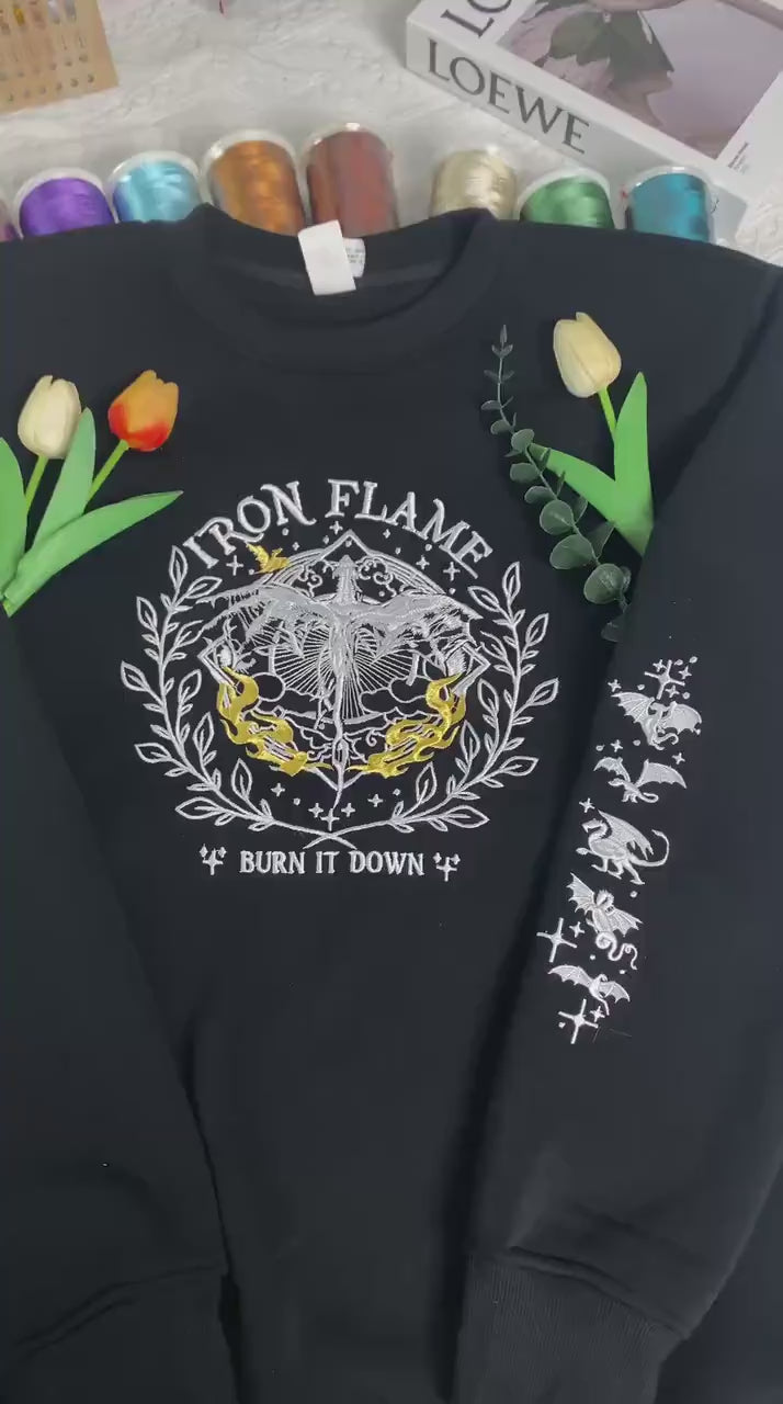 Embroidered Iron Flame Sweatshirt, Basgiath War College sweatshirt, Dragon Rider. VEMB13