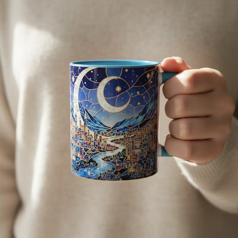 Velaris City Stained Glass Style Mug, The Night Court ACOTAR Coffee Mug, Starry Moon Fantasy City Art Tea Cup, Fantasy Reader Mug