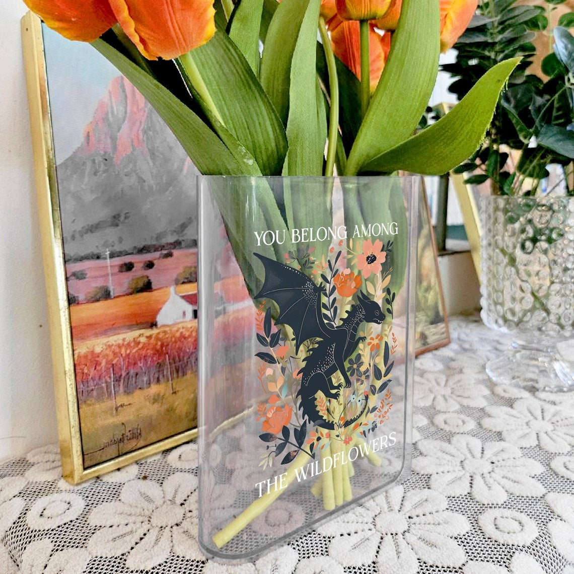 Abraxos Flower Book Vase, Fantasy Bookshelf Decor, Book Acrylic Vase for Flowers, Fantasy Dragon Bookish Book Shaped Vase, Exchange Gift, VLRBV13