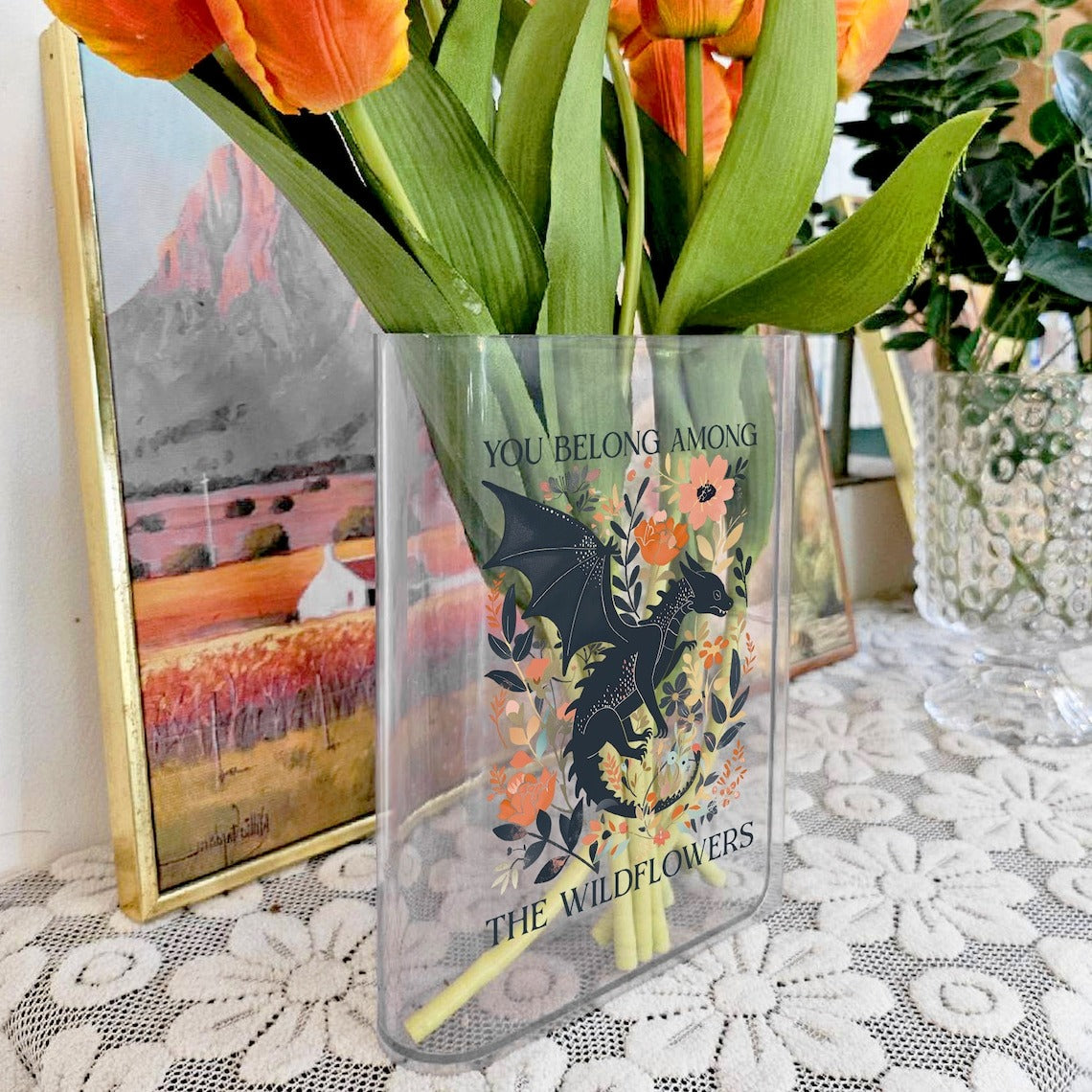 Abraxos Flower Book Vase, Fantasy Bookshelf Decor, Book Acrylic Vase for Flowers, Fantasy Dragon Bookish Book Shaped Vase, Exchange Gift, VLRBV13